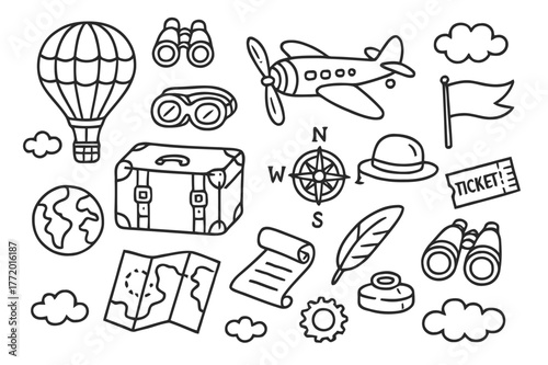 Vintage Air Travel. Vintage air travel. Hand-drawn doodle illustration Vintage air travel hot air balloon, propeller plane, compass, suitcase, globe, goggles,