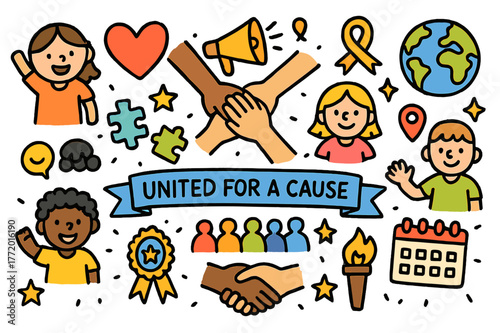 Children Unite for Cause. United for a cause. Colorful Hand-drawn doodle Children illustration United for a cause joined hands, heart, banner, megaphone,