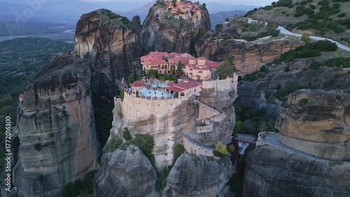 Sunrise Aerial View of Varlaam and Great Meteoron Monasteries in Meteora, Greece
