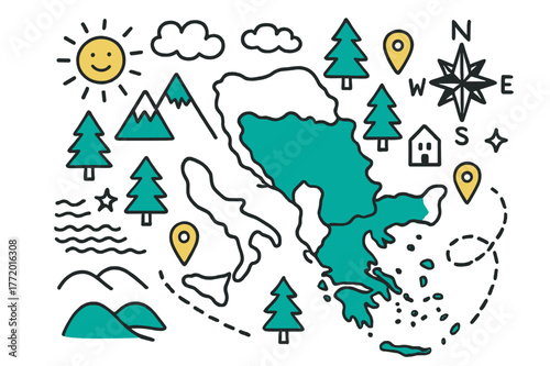 Balkans Geography Doodle. // Balkans geography. Hand-drawn doodle illustration Balkans geography [peninsula map (accented), mountains (accented), coastline