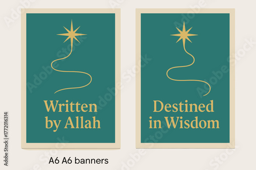 Heavenly Destiny Banners. Qadr. Two vertical A6 banners with safe margins, centered composition, no elements touching edges, minimal, turquoise and gold, path