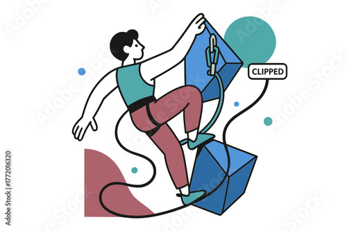 Dynamic Climbing Illustration. Lead Climb on Big Volumes. Clip quickdraw, hips twist around a polygonal volume; rope draws a smooth S-curve. A small tag reads