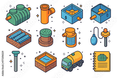 Septic System Icons. Septic systems. Colorful isometric vector icons set of Septic systems: septic tank, inlet baffle, outlet baffle, distribution box, leach