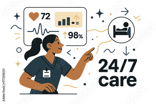 Remote Health Monitoring. Healthcare Tech ? Remote Monitoring. A nurse watches a floating dashboard with live vitals; thin pulse lines connect to a patient