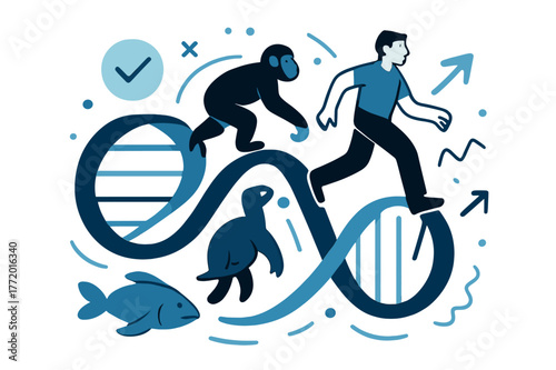 Evolving DNA Harmony. Genetic mutation over time. Spiral of DNA evolving into stylized animal and human silhouettes, flowing through eras of survival. Harmony