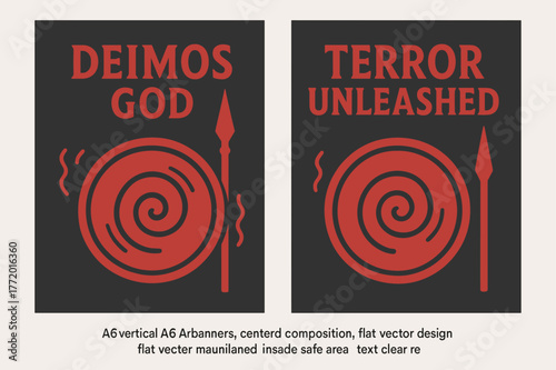 Deimos and Terror Banners. War?s Panic. Two vertical A6 banners with safe margins, centered composition, no elements touching edges, flat vector design,