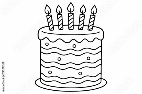 Layered Cake Coloring Page. Layered birthday cake children?s coloring book illustration, outlined drawing, a tall fluffy cake with candles and wavy frosting