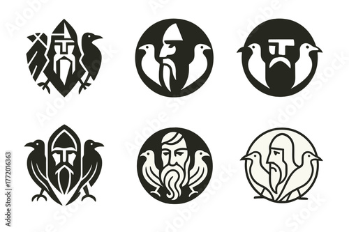 Mythical Deity Logos. Ancient gods and goddesses in a mystical landscape. Set Logo of Ancient gods and goddesses in a mystical landscape: Odin twin ravens.
