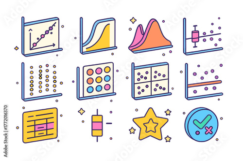 Colorful Statistical Plots. Statistical plots. Colorful isometric vector icons set of Statistical plots: QQ plot, cumulative distribution curve, density plot,