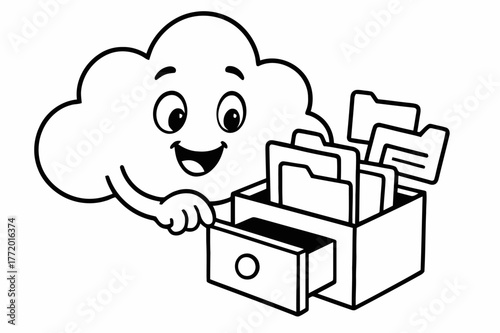 Playful Cloud Storage. Online storage concept children?s coloring book illustration, outlined drawing, a cheerful cloud opening a small drawer full of simple