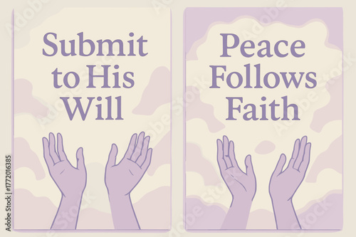 Peaceful Faith Banners. Surrender. Two vertical A6 banners with safe margins, centered composition, no elements touching edges, pastel, lavender and cream,