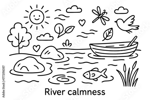 Calm River Doodle. River calmness. Hand-drawn doodle illustration river calmness flowing water, rocks, tree, leaf, fish, boat, reeds, dragonfly, bird, clouds,