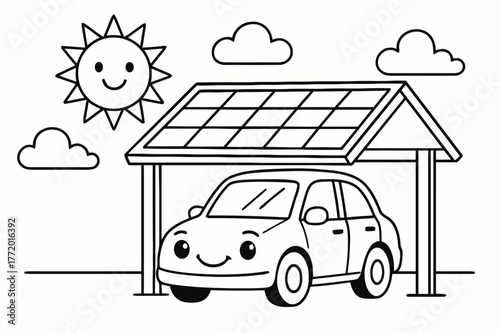 Solar Carport Coloring Fun. Solar carport children?s coloring book illustration, outlined drawing, a cheerful car parked under a solar roof while the sun
