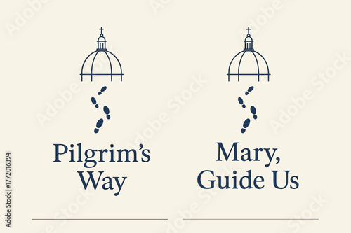 Pilgrim's Path Banners. Loreto Pilgrimage. Two vertical A6 banners with safe margins, centered composition, no elements touching edges, minimal, ivory and