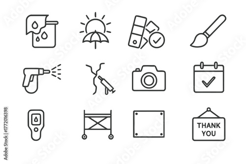 Mural Conservation Icons. Mural Care and Conservation. Line icon set of Mural Care and Conservation: anti graffiti coating, UV protection sun, color swatch