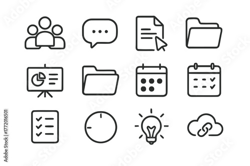 Online Collaboration Icons. Online collaboration. Line icon set of online collaboration: team avatars, chat bubble, shared document, cursor, whiteboard,