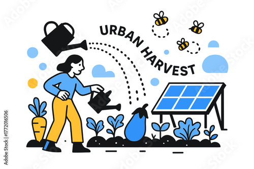 Urban Rooftop Harvest. Rooftop Garden + Panels. Vegetables sprout beside elevated PV frames; watering can pours a dotted arc labeled ?Urban Harvest.? Bees buzz