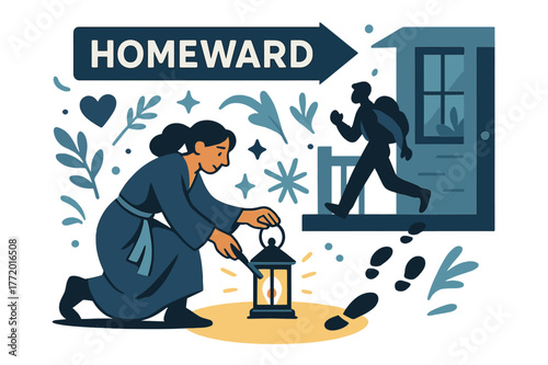 Lantern's Warm Welcome. Keeper of the Hearth ? Lantern on the Porch. A small lantern casts a welcoming circle; footprints approach through the dusk. Banner