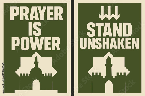 Fortress of Prayer Banners. Fortress of Prayer. Two vertical A6 banners with safe margins, centered composition, no elements touching edges, brutalist, olive