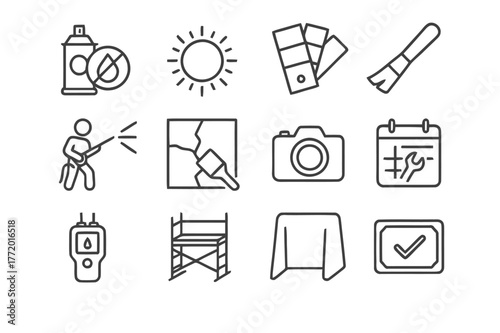 Mural Conservation Icons. Mural Care and Conservation. Line icon set of Mural Care and Conservation: anti graffiti coating, UV protection sun, color swatch