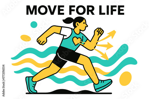 Energetic Movement Art. Why We Need to Exercise. A dynamic figure runs through abstract waves of energy; ?Move for Life? floats above glowing rhythm lines.