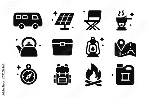 Vanlife Camp Essentials. Campsite and Vanlife Nomads. Solid icons set of Campsite and Vanlife Nomads: camper van, solar panel, foldable chair, portable stove,