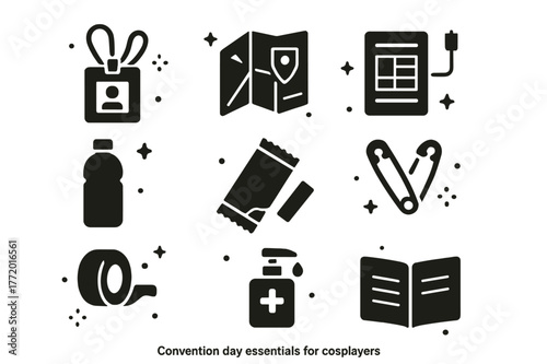 Cosplay Essentials Icons. Convention day essentials for cosplayers. Solid icons set of Convention day essentials for cosplayers: badge lanyard, venue map,