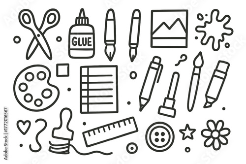 Crafting Tools Illustration. Mixed media art. Hand-drawn doodle illustration mixed media art scissors, glue, brush, pen, paper, magazine cutout,