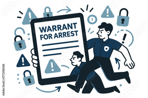 Modern Digital Arrest Warrant. Warrant for arrest. Digital representation of an arrest warrant on tablet with abstract floating warning icons, locks, and