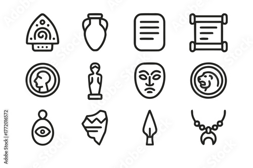 Ancient Relics Icons. Ancient relics. Line icon set of ancient relics: artifact, amphora, tablet, scroll, coin, statue, mask, seal, amulet, pottery shard,