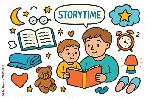 Storytime Dreams. Storytime moments. Colorful Hand-drawn doodle Children illustration Storytime moments open book, glasses, moon, stars, blanket, stuffed bear,