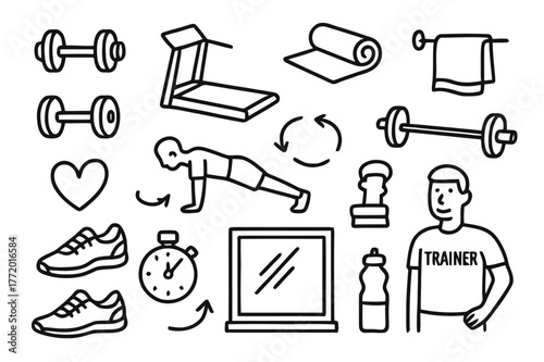 Gym Equipment Doodles. Gym exercise. Hand-drawn doodle illustration gym exercise dumbbells, treadmill, mat, towel, barbell, push-up icon, weights, shoes,