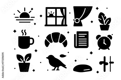 Morning Icons Grid. Morning Window Light. Solid icons set of Morning Window Light: sunrise glow, window frame, curtain tieback, steam mug, croissant,