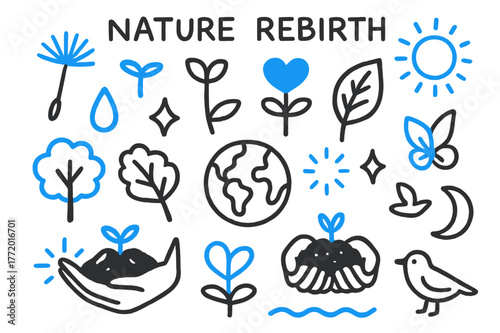 Nature's Rebirth Doodles. Nature rebirth. Hand-drawn doodle illustration nature rebirth [dandelion seed (accented), sprout (accented), leaf (accented), sun ray