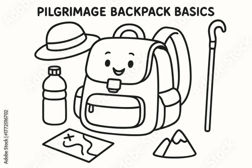 Pilgrim's Backpack Coloring. Pilgrimage backpack basics children?s coloring book illustration, outlined drawing, a cheerful backpack with a water bottle, hat,