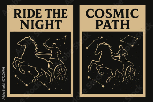 Nocturnal Chariot Banners. Nocturnal Chariot. Two vertical A6 banners with safe margins, centered composition, no elements touching edges, bold, charcoal and