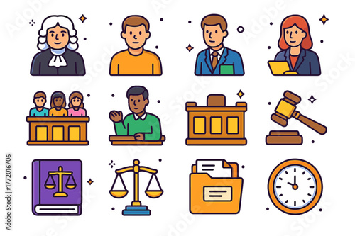 Courtroom Icons Extravaganza. Court trial. Colorful isometric vector icons set of court trial: judge, defendant, lawyer, prosecutor, jury, witness, courtroom