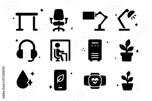 Employee Ergonomics Icons. Employee wellbeing and ergonomics. Solid icons set of employee wellbeing and ergonomics: sit-stand desk, ergonomic chair, monitor