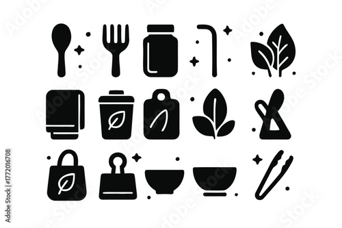 Eco Kitchen Icons. Eco Kitchen Tools. Solid icons set of Eco Kitchen Tools: bamboo spoon, wooden fork, glass jar, reusable straw, cotton towel, compost bin,