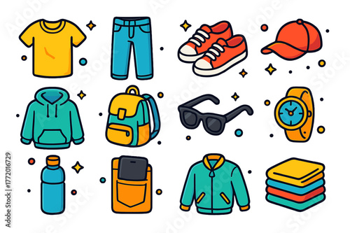 Casual Outfit Icons. Everyday casual outfits. Colorful isometric vector icons set of Everyday casual outfits: worn T-shirt, denim jeans, sneakers, baseball