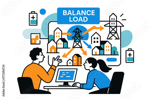 Smart Grid Animation. Smart Grid Control. Operators watch simplified city blocks glow as power flows animate in arrows; ?Balance Load? pulses on a floating
