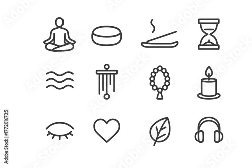 Mindfulness Icon Set. Mindfulness and meditation. Line icon set of mindfulness and meditation: lotus pose, cushion, incense holder, timer, breathing waves,