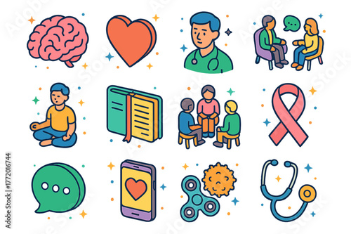 Colorful Mental Wellness Icons. Mental wellness. Colorful isometric vector icons set of mental wellness: brain, heart, therapist, counseling session,