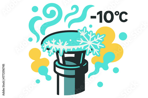 Frozen Flue Geometry. Frozen Flue Detail. Frost crystals spread along the metal cap while faint steam escapes in a swirling pattern. ?-?C? floats in small