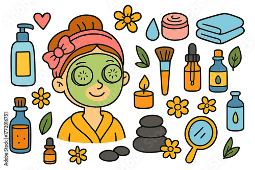 Children's Beauty Spa. beauty treatment. Colorful Hand-drawn doodle Children illustration beauty treatment face mask, cucumber slices, headband, towel, cream