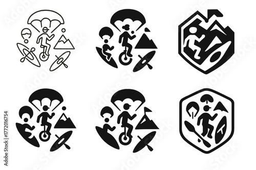 Extreme Sports Logos. Unusual hobbies and extreme sports. Set Logo of Unusual hobbies and extreme sports: adventure badge with mixed icons. harmonious logo