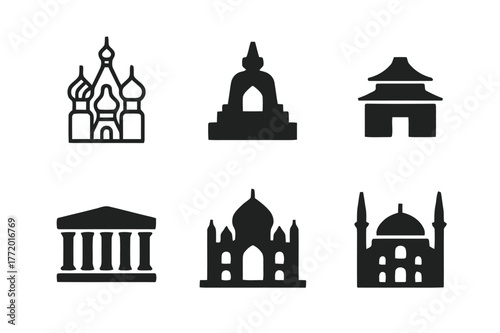 Minimal Landmark Icons. Eurasia. Set Logo of Cultural Landmarks: Minimal outline, Abstract geometric, Negative space, Flat solid, Symmetrical form, Iconic