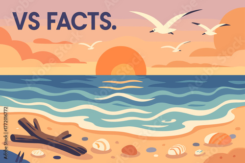 Serene Sunset Beach. VS FACTS. Calm ocean waves, serene beach, peaceful sunset, seagulls flying. Driftwood, shells, and pebbles scattered along the shoreline.
