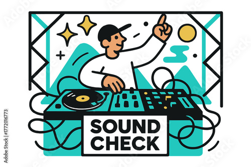 Festival DJ Turntable. DJ turntable ? Festival stage setup. Cables snake across a glowing console; geometric lights frame the booth. A label reads ?SOUND