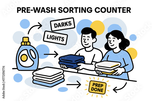 Laundry Prep Station. Pre-Wash Sorting Counter. A clean countertop layout with detergent, labels, and folded stacks; ?Prep Done? tag glows softly near a folded